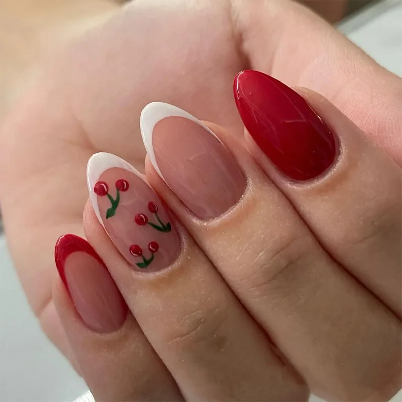 

24 Pcs French White Fake Press on Nails Set Simple Stick-on Nails for Gluing Ready Cherry Nail Tips Medium Short False Nails
