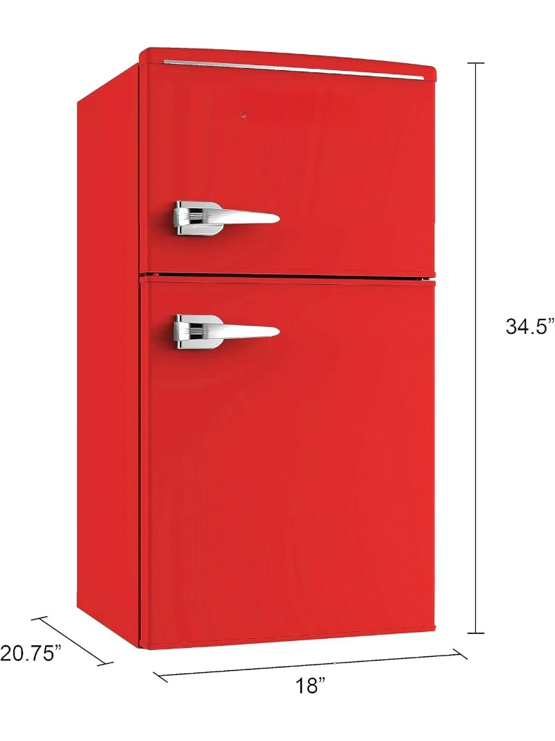 Mini réfrigérateur de style rétro avec compartiment congélateur pour bureau à domicile ou dortoir, avec portes doubles et étagères en verre amovibles, rouge