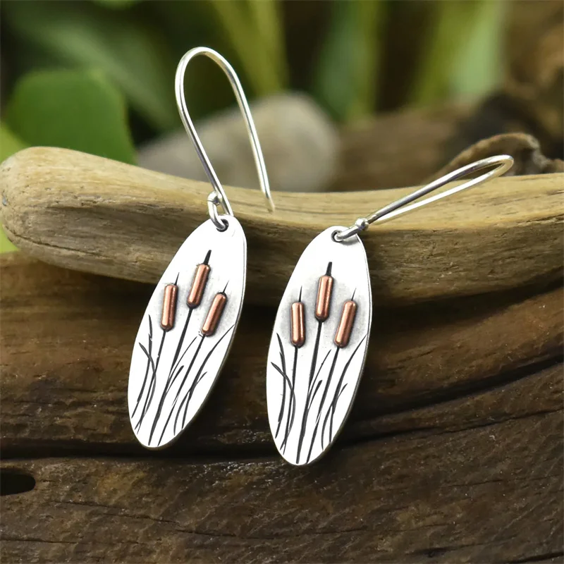 Fashion Oval Silver Color Metal Carving Flowers and Plants Pattern Dangle Earrings for Women Jewelry