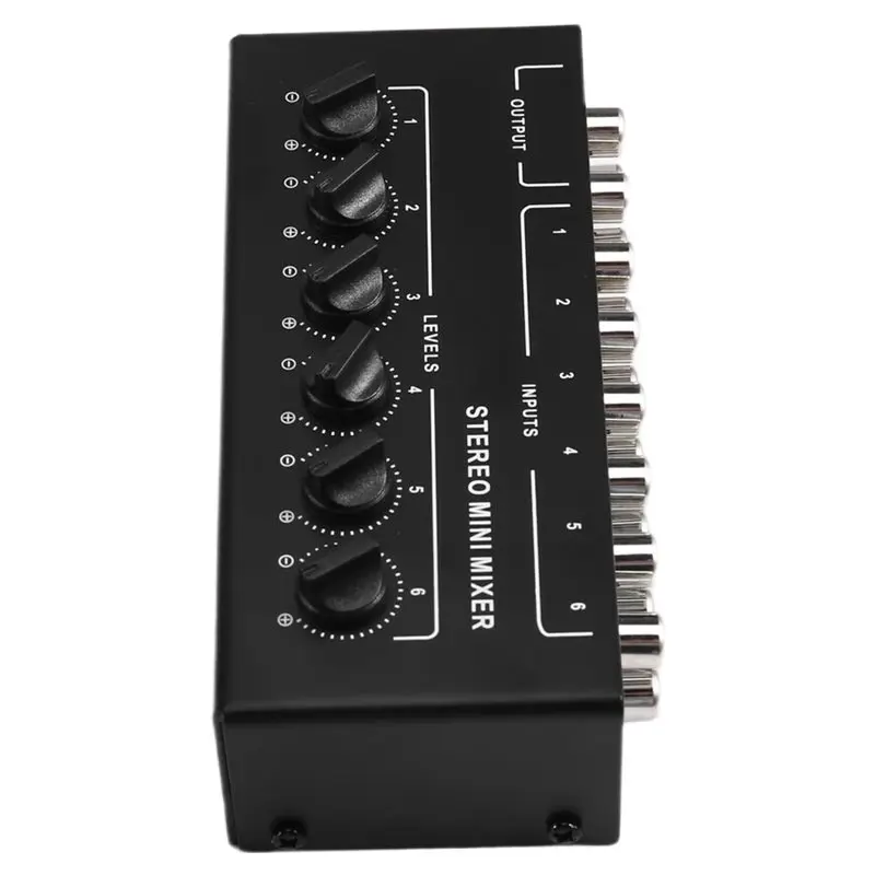 AA60-ستيريو 6 قناة خلاط سلبي RCA جهاز مزج الصوت المحمول 6 في 2 خارج موزع ستيريو التحكم في مستوى الصوت لا يتطلب بطارية