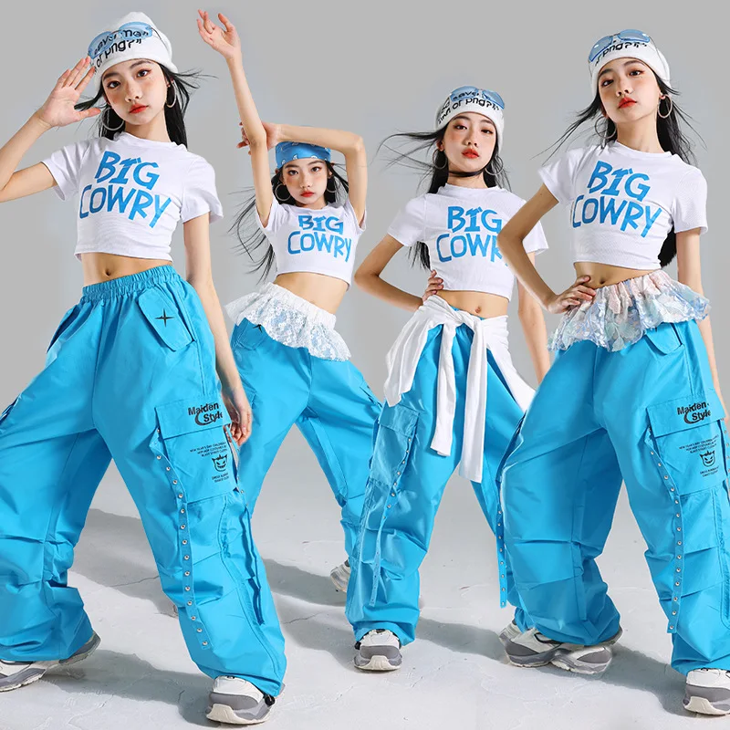 

Детский комплект для девочек: укороченный топ в стиле K-pop и брюки карго в стиле хип-хоп, однотонные, для уличных танцев, сценических выступлений, детская уличная одежда