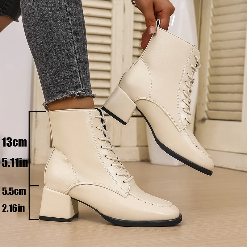 New All-Match Thick Heel Boots for Women British Style Square Toe Lace Up Boots Woman Comfortable Mid-Heel Plus Size Botsa Lady