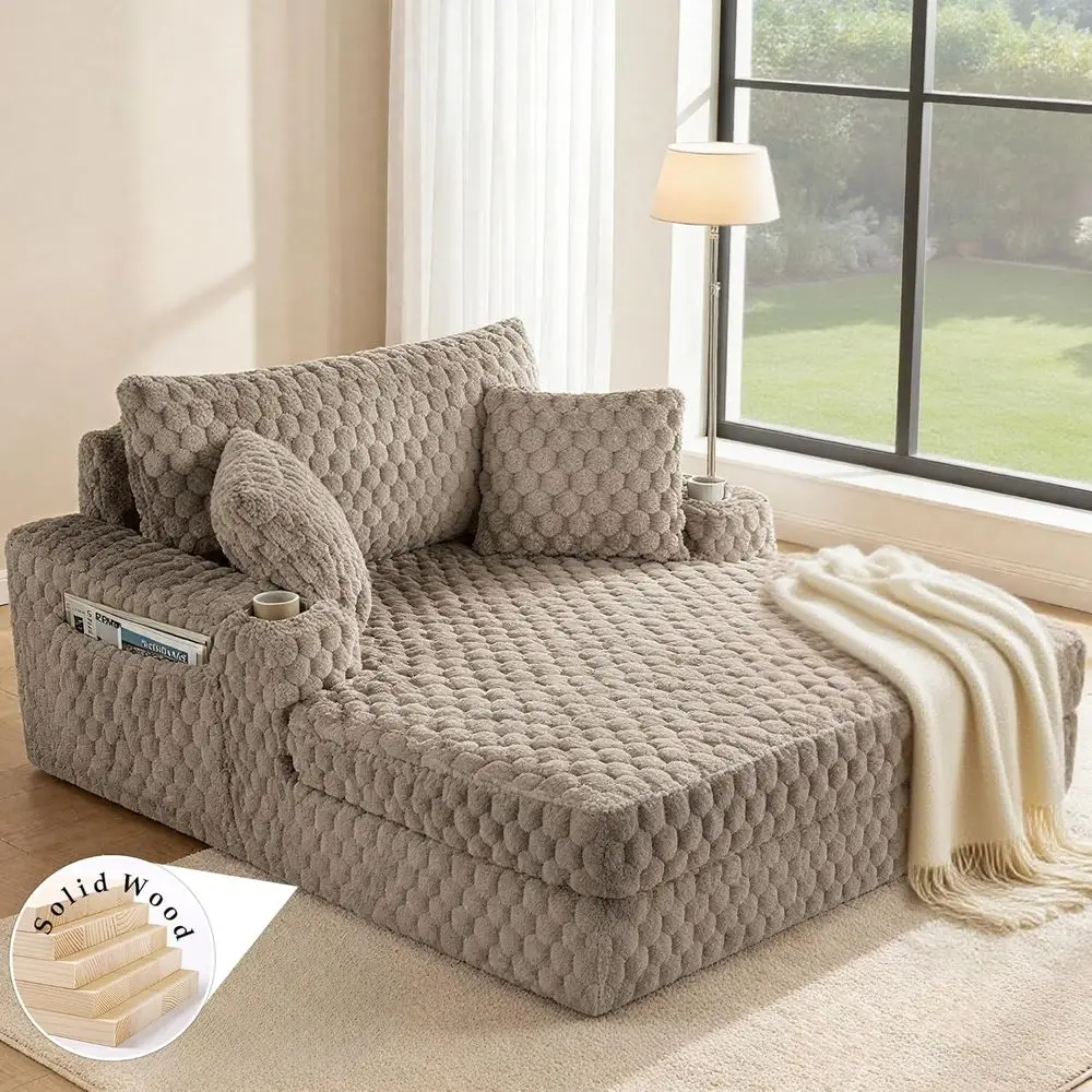 

Upgraded Wood Sleeper Sofa Bed with Cup Holders, Large Backrest, Light Brown Upholstered Chaise Lounge Chair for Indoor Living R