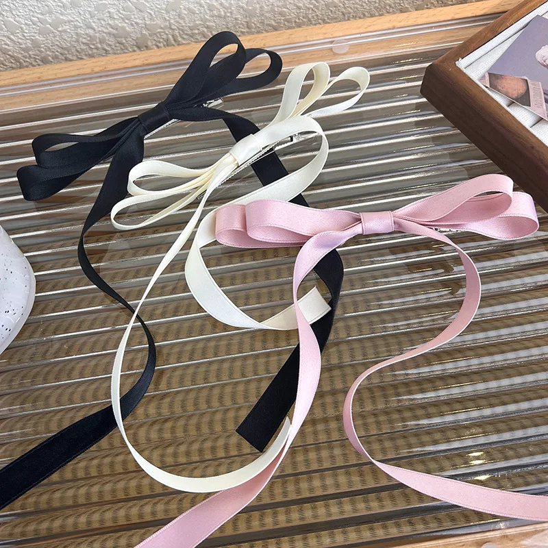 Simple Color Bow Hair Clip Headdress For Woman Girls Sweet Hairpin Long Ribbon Streamer Tie Ponytail Barrettes Hair Decorate New