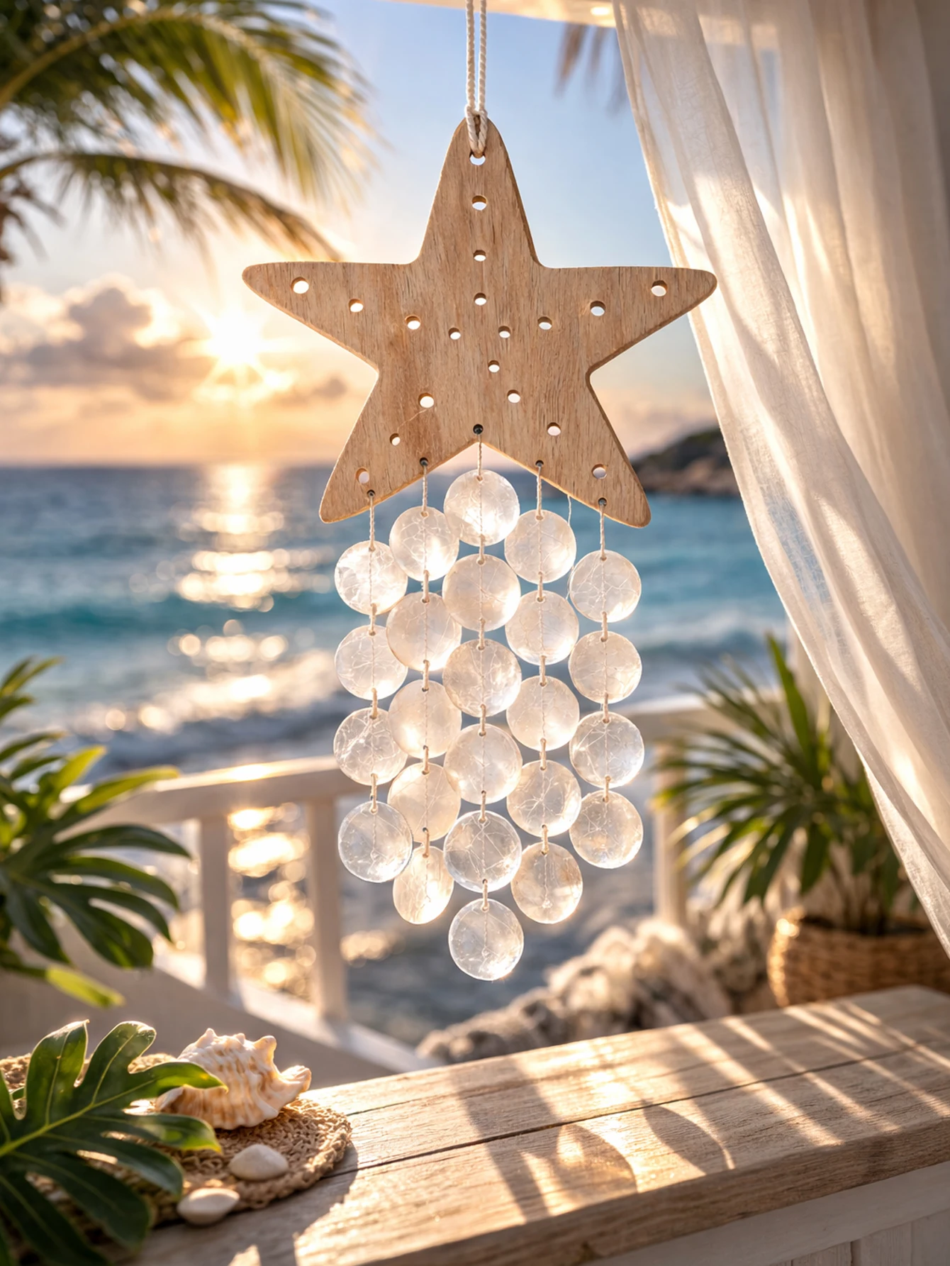Wooden Capiz Shell Wind Chime Coastal Beach Home Decor Starfish Turtle Fish Seashell Wall Hanging Ornament for Balcony Window