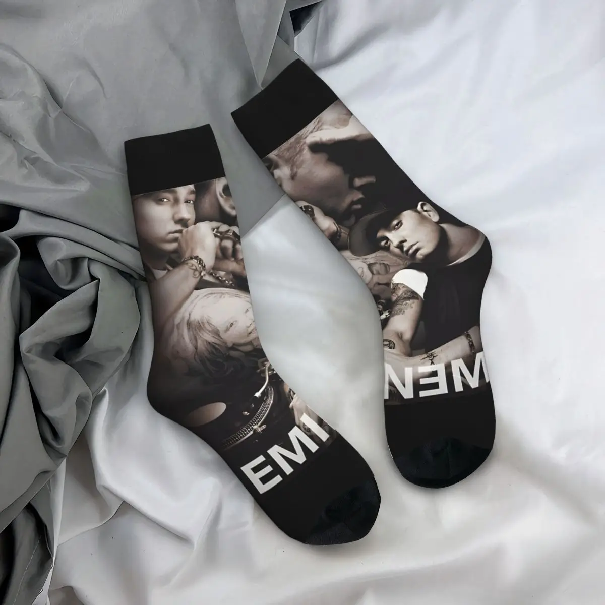 Men's Vintage The World of Rappers Meias de compressão, Unisex, Eminem Street Style, Seamless Impresso, Novidade Crew Sock