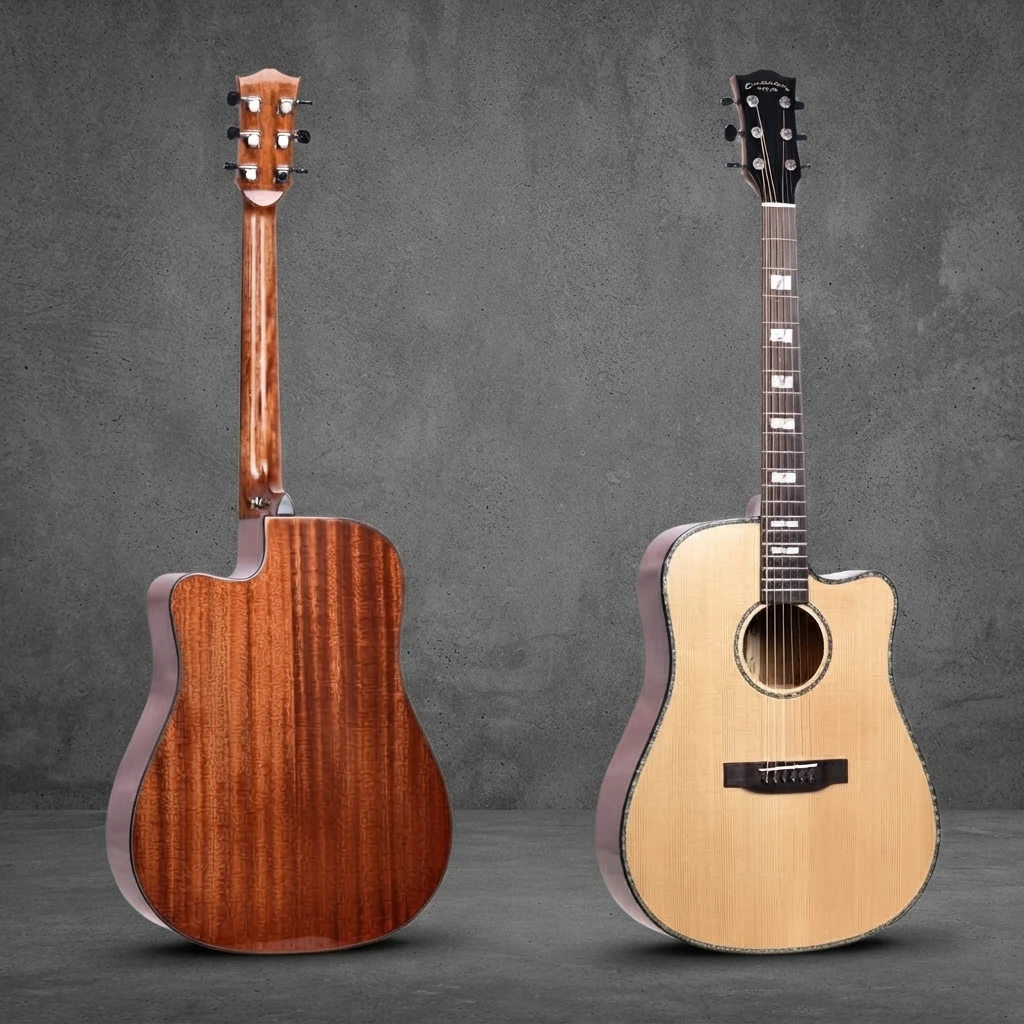 Dreadnought Cutaway Acoustic Folk Guitar, Solid Top, Shell Inlay Fret Markers, Dark Fretboard, Chrome Tuners for Guitar Learners