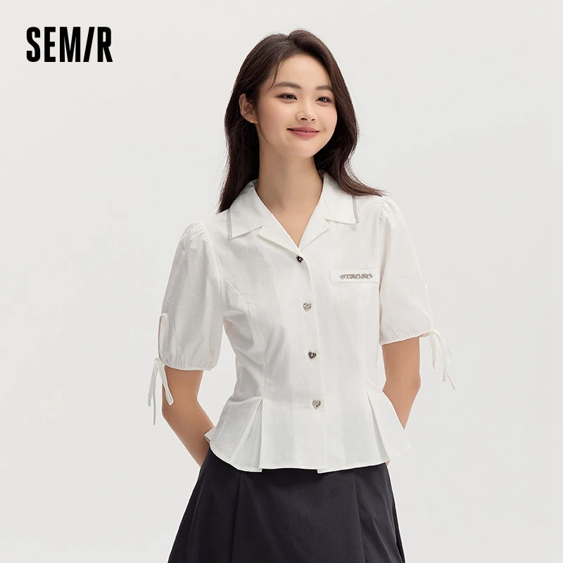 Semir Short Sleeve Blouse Women Short Crop Bubble Sleeves Bow Sweet Playful Girlish Autumn Cotton Fashion Blouse