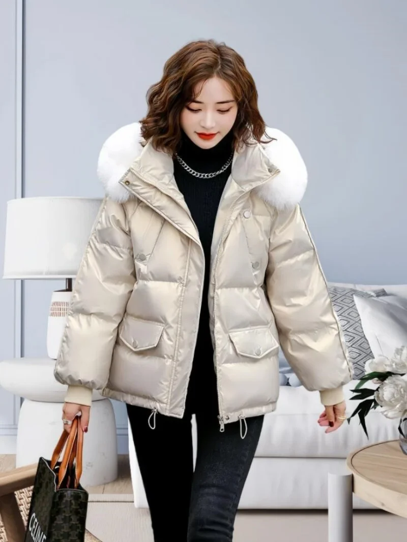 

Winter Fashion New Warm Duck Down Jacket Women's Clothes Glossy Fur collar Thicken Parka Short Down Coat Female Trend