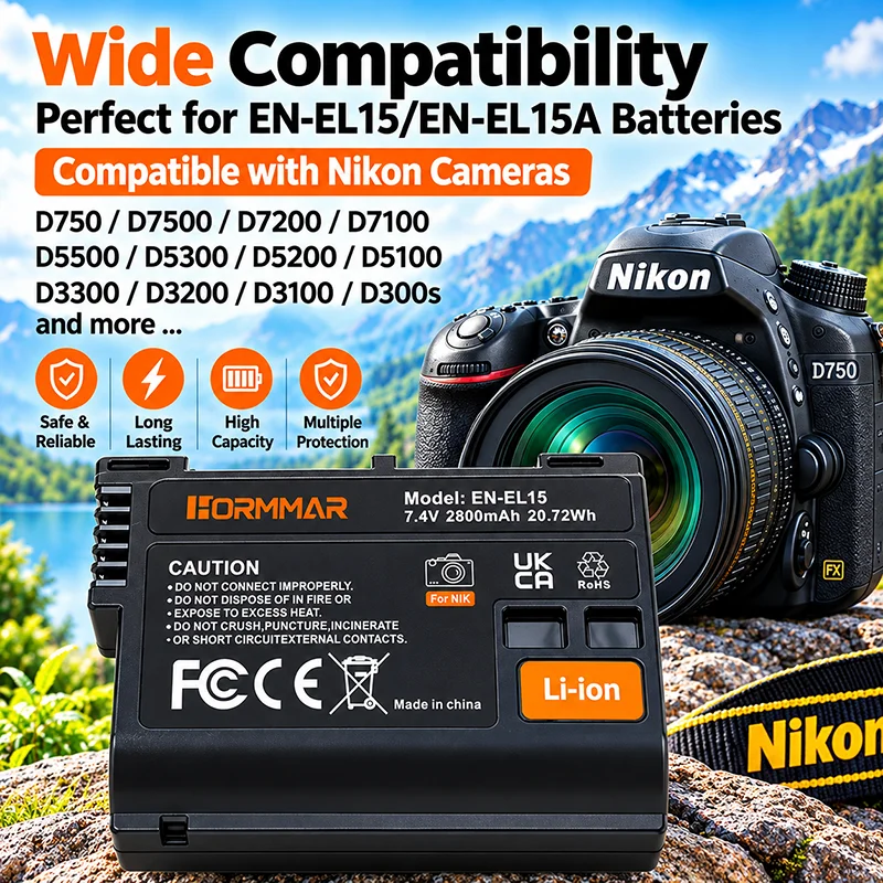 EN-EL15 EN-EL15C Replacement Camera Battery 2800mAh for Nikon D750 D7500 D7200 D7100 D5500 D5300 D5200 D5100 D3300