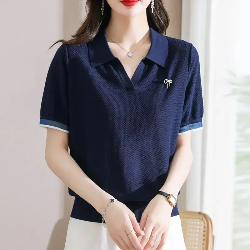 Female Tee Baggy Plain Knitted Cute T-shirts Kawaii Women\'s Polo Pulovers Offer Comfortable Summer 2024 with Collar New On