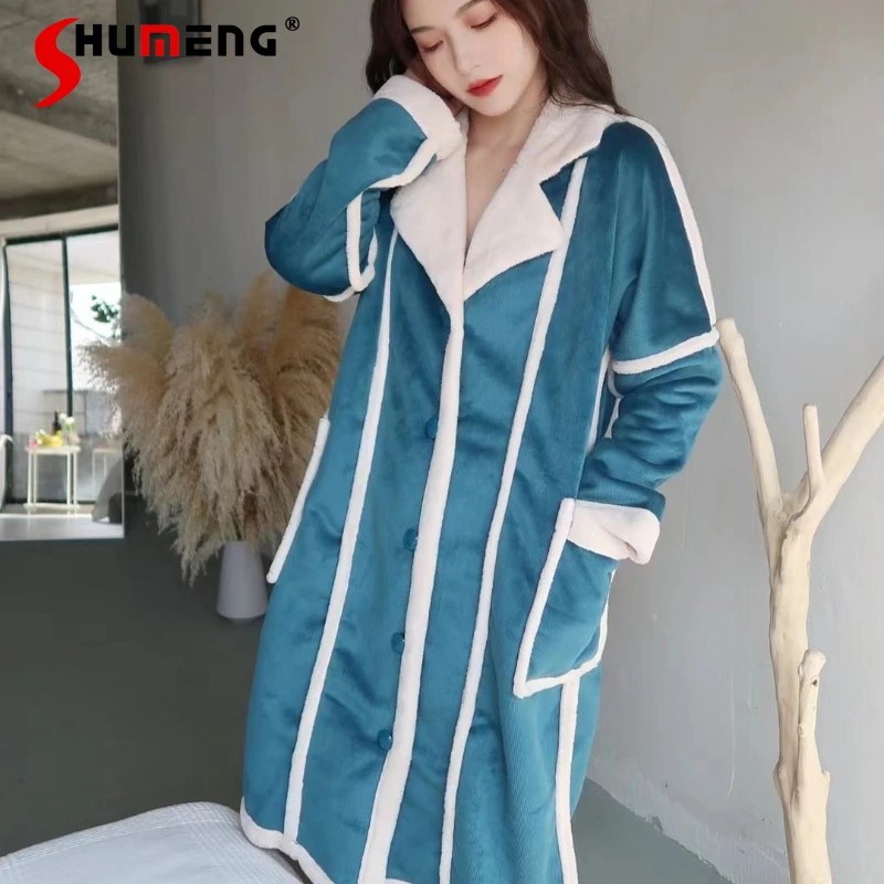 

Winter Fleece Nightgown for Women Casual Simple High End Thickened Sleepwear Female Luxurious Outerwear Long Robes