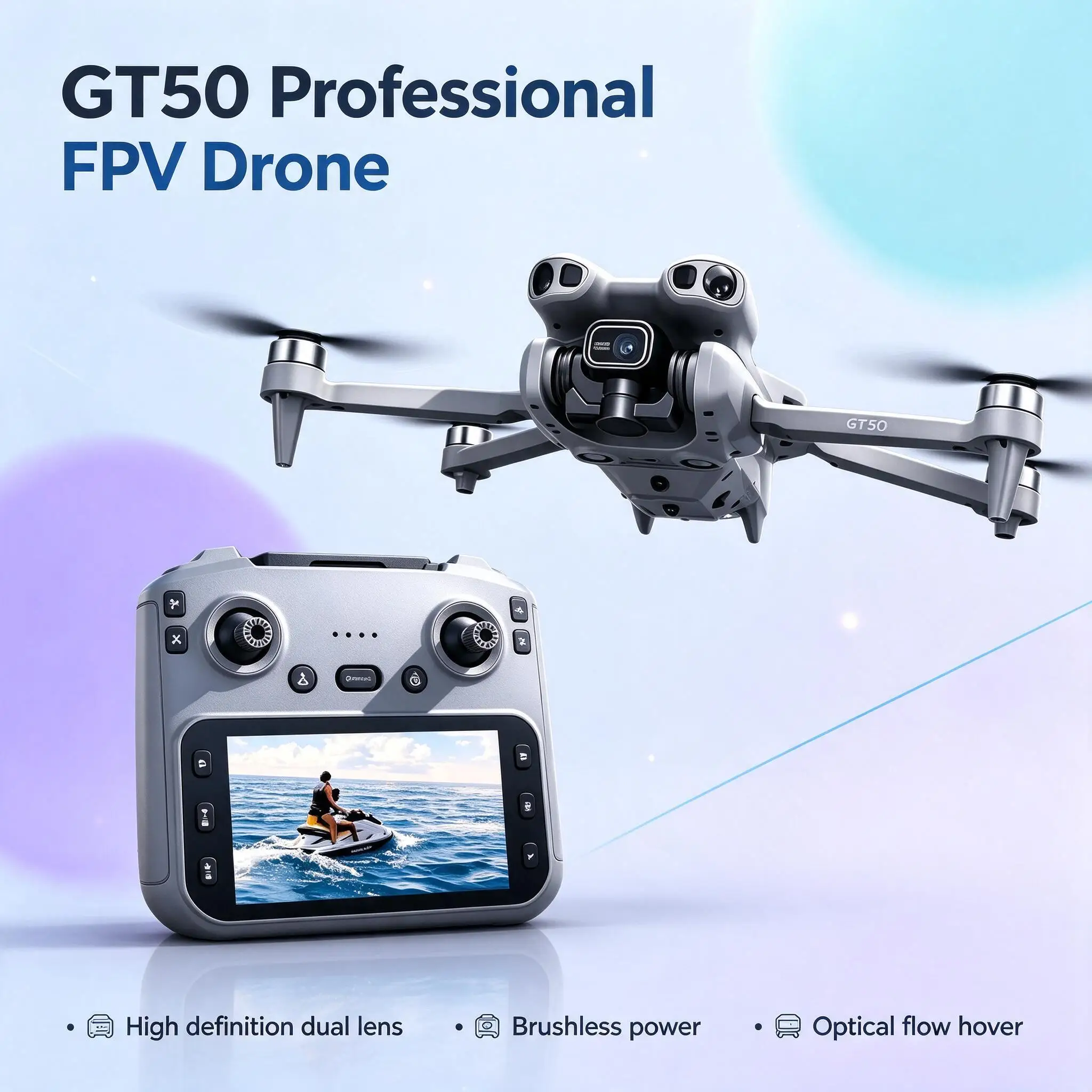 GT50 2.4GHz FPV RC Quadcopter Drone with Dual HD Camera 4K 6K 8K EIS Anti-Shake Brushless Motor 4.3in Screen for Beginners