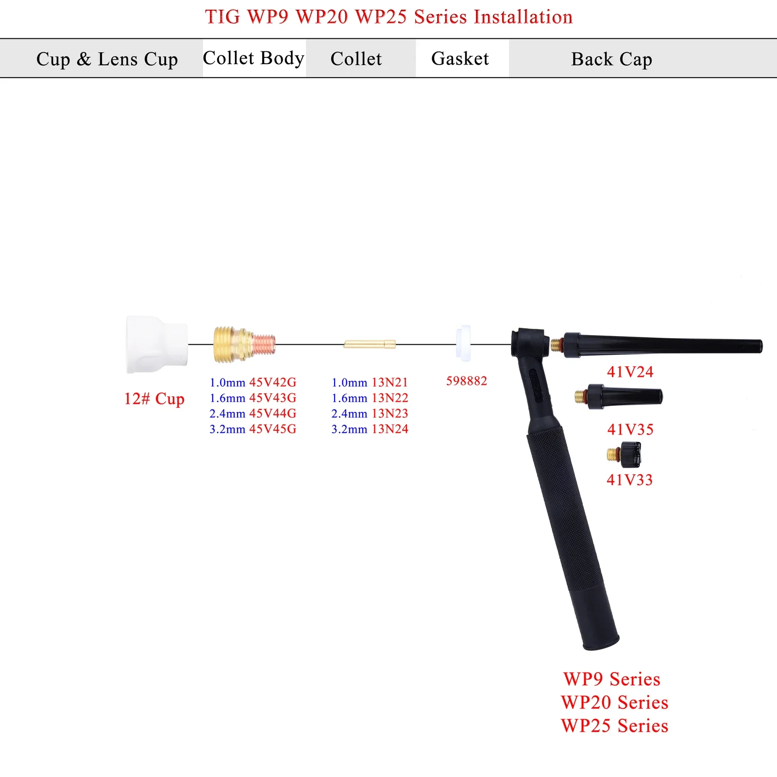 11pcs TIG Welding  #12 White Ceramic Nozzle Alumina Cup Kit Torches WP9 20 25 Stubby Collets Body Gas Lens Sets