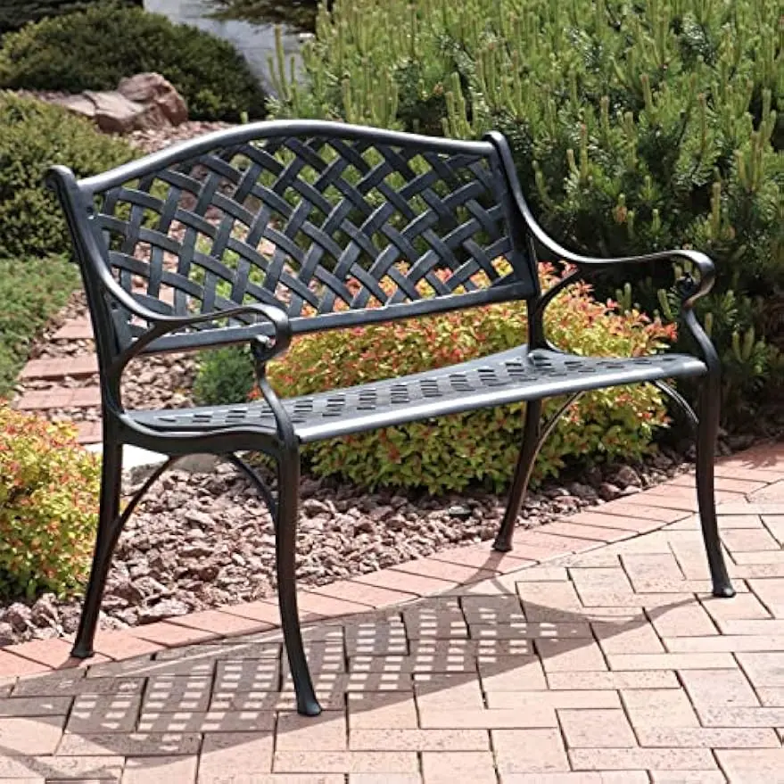 2-Person Cast Aluminum Garden Bench with Checkered Design - 615-Pound Weight Capacity - 39-Inch W - Black