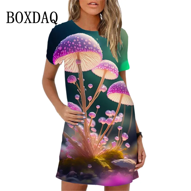 Cartoon Mushroom Print Women Dress 2024 New Summer A-Line Dress Fashion Sweet Short Sleeve O-Neck Loose Ladies Dress Vestidos