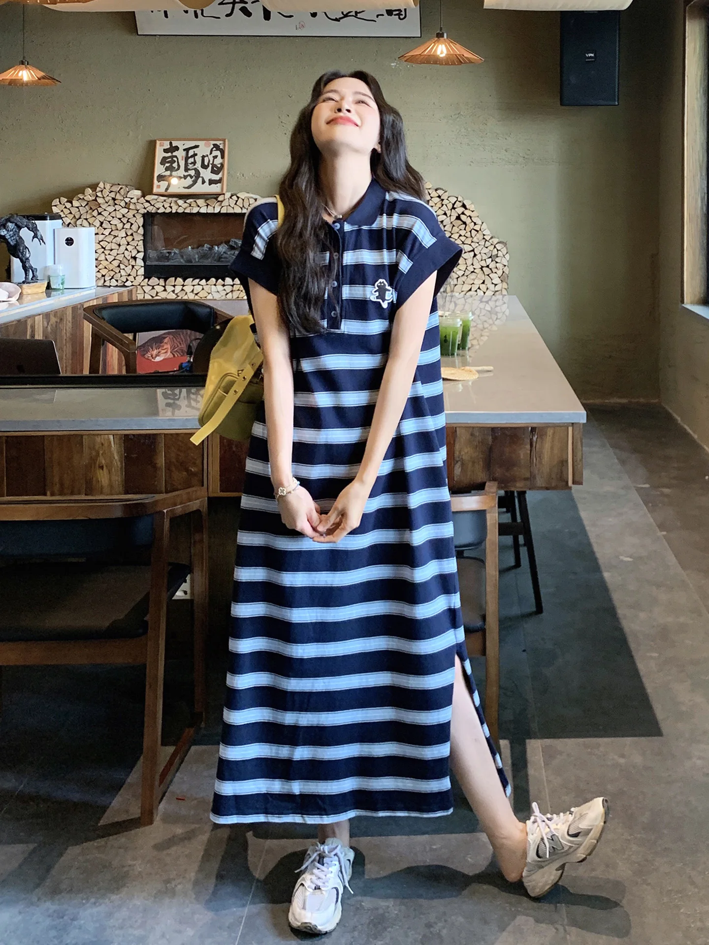 T-shirt col rayé décontracté Dr femme coupe ample été nouveau Sle collège Campus couleur Blo Long Dr Version coréenne