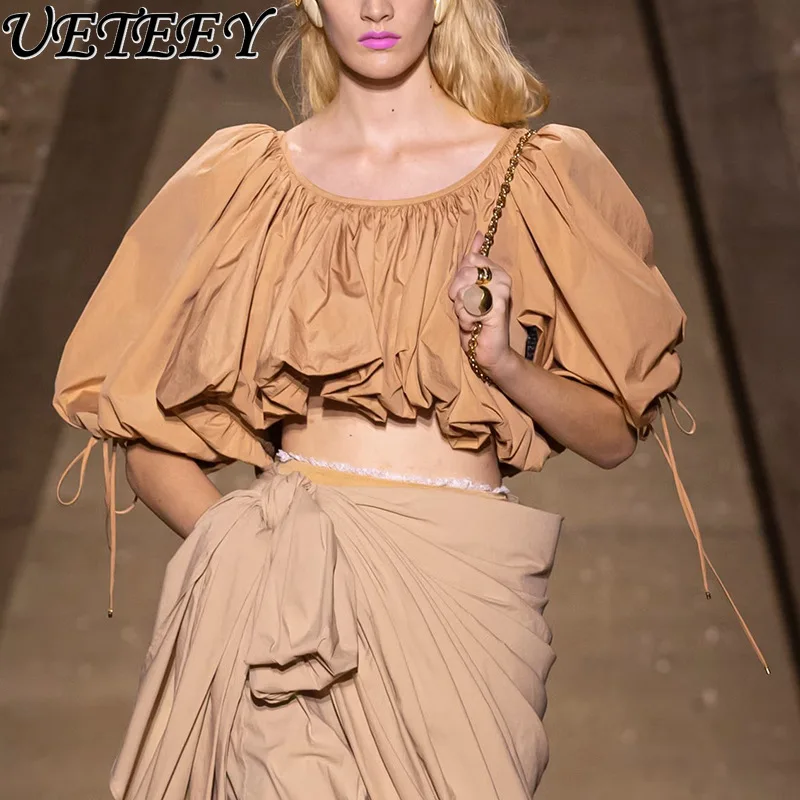 

Новая модная однотонная женская блузка с коротким рукавом в корейском стиле, универсальная, с круглым вырезом, асимметричная, укороченная, весна 2026