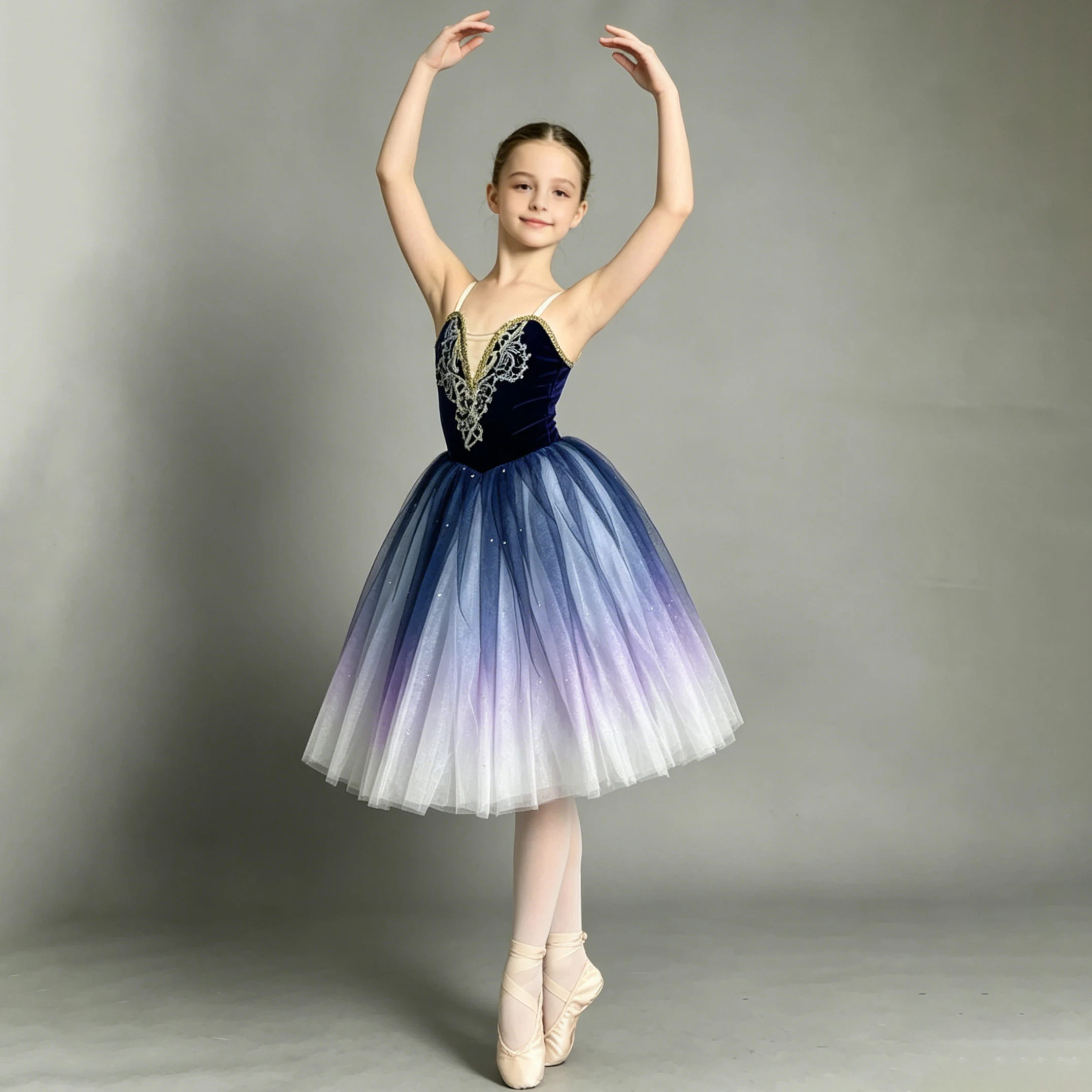Kinder Langes Ballettkleid Aufführungskleidung Mädchen Blau Lila Ballett-Tutu-Rock Professionelle Bauchtanzkostüme Samt-Oberteil