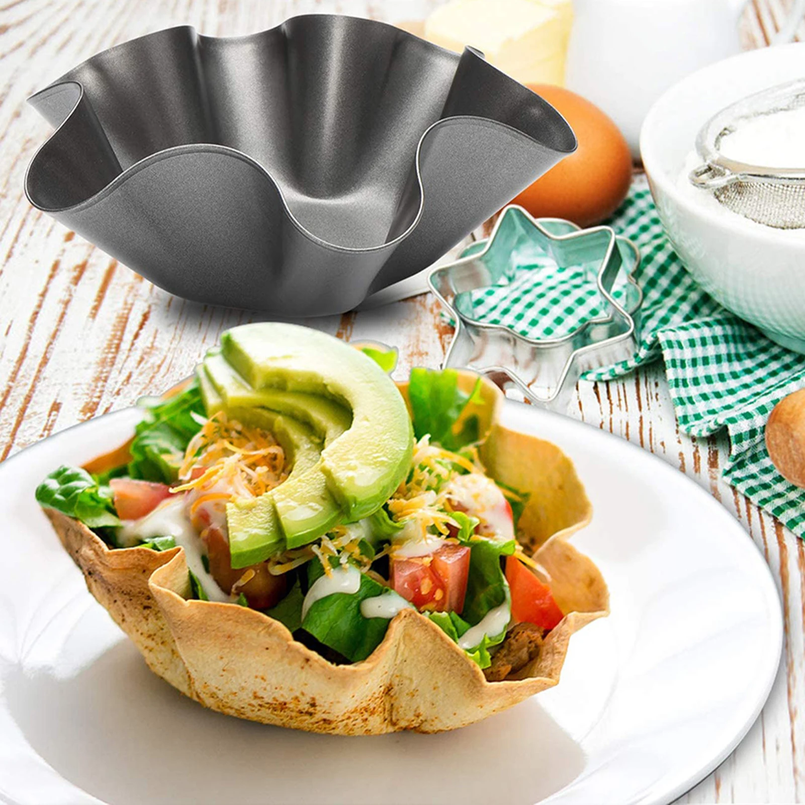 

Petal Shape Carbon Steel Baking Bowl Non-Stick Salad Bowl For Tortillas Cakes Resistant Fast Heating Kitchen Cookie Baking Sheet