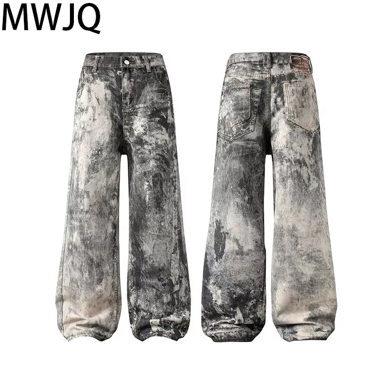 MWJQ American High Street Printting Design Jeans Men's 2025 Spring New Loose Fashion Bottm Male Wide leg Pants Tide 010116