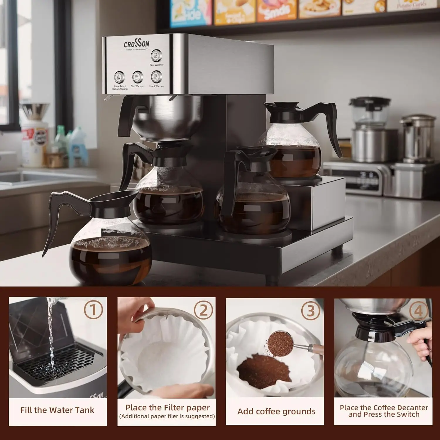 ماكينة تحضير القهوة التجارية سعة 12 كوبًا مع 4 تدفئة و4 أوراق زجاجية، ماكينة صنع القهوة بالتنقيط مع غلاف من الفولاذ المقاوم للصدأ و3