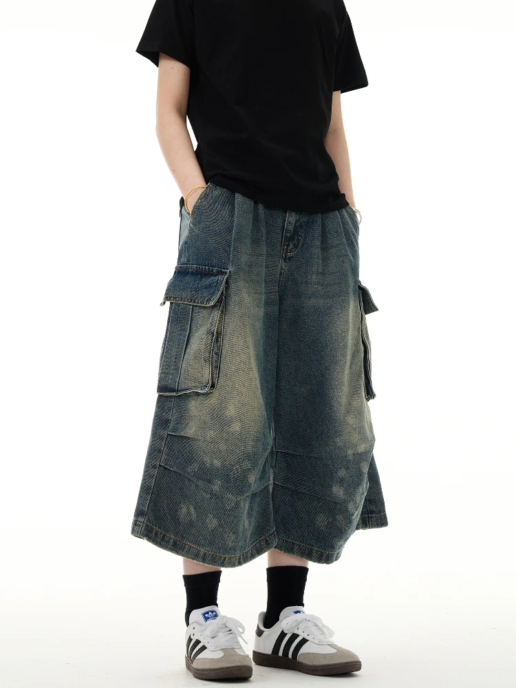 Summer New Style Loose Straight Leg Seven-Foot Washed Denim Jeans Men Women American Retro Multi-Pocket Workwear Mid-Waist