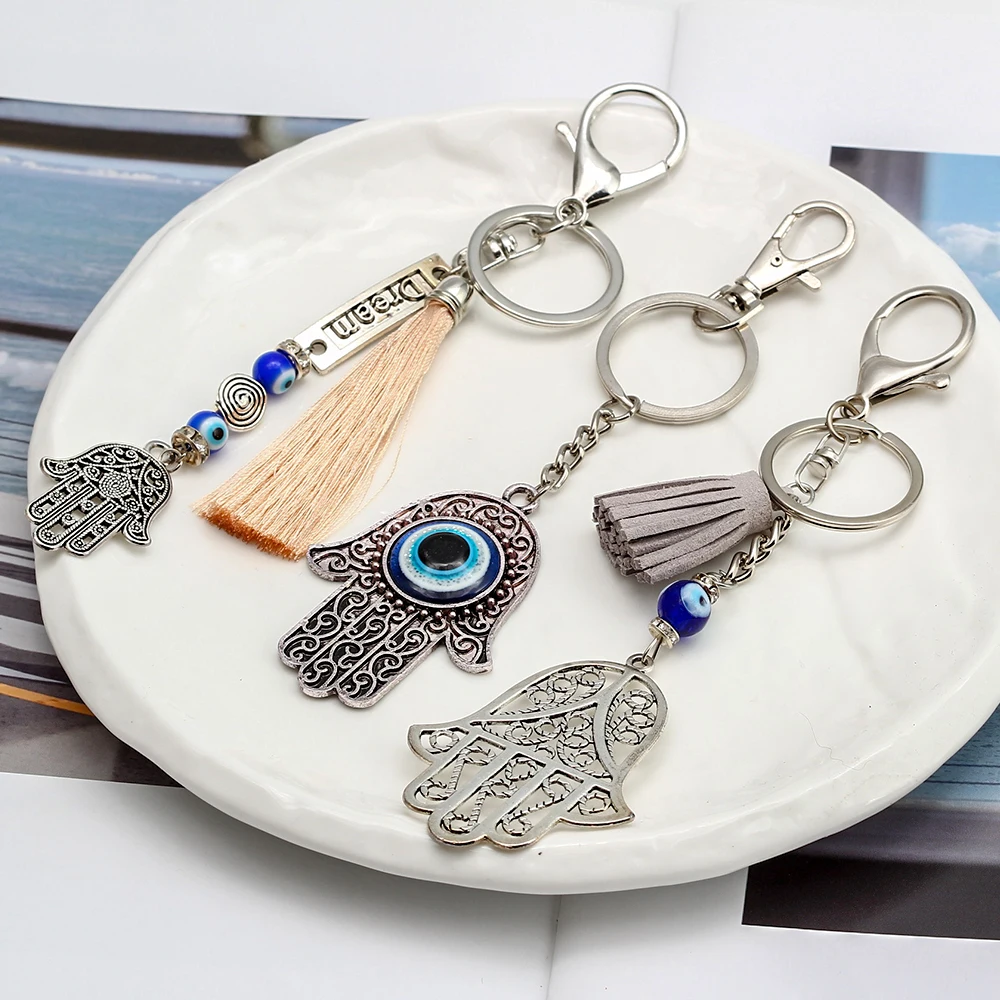 EVIL EYE Glass Blue Evil Eye Keychain Alloy Fatima Hand Butterfly Pendant Tassel Car Keyring for Women Men Fashion Jewelry EY06