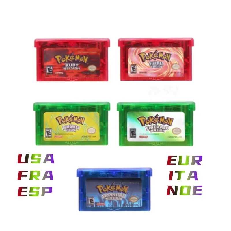 Cartão de console de videogame de 32 bits, cartucho de jogo gba, pokemon esmeralda, folha vermelha, verde, rubi, safira, etiqueta brilhante para gba nds