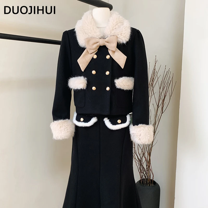 

DUOJIHUI Two Piece Chic Bow Tie Elegant Female Skirts Fashion Button Cardigan Basic Loose Solid Color Simple Pocket Women Skirts