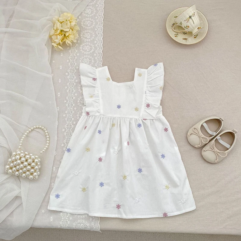 1-6Yrs Mädchen Mode Gestickte Blumen Kleid Sommer Neue Kleine Mädchen Kleinkind Prinzessin Kleider Kinder Fliegen Ärmeln Party Kleidung