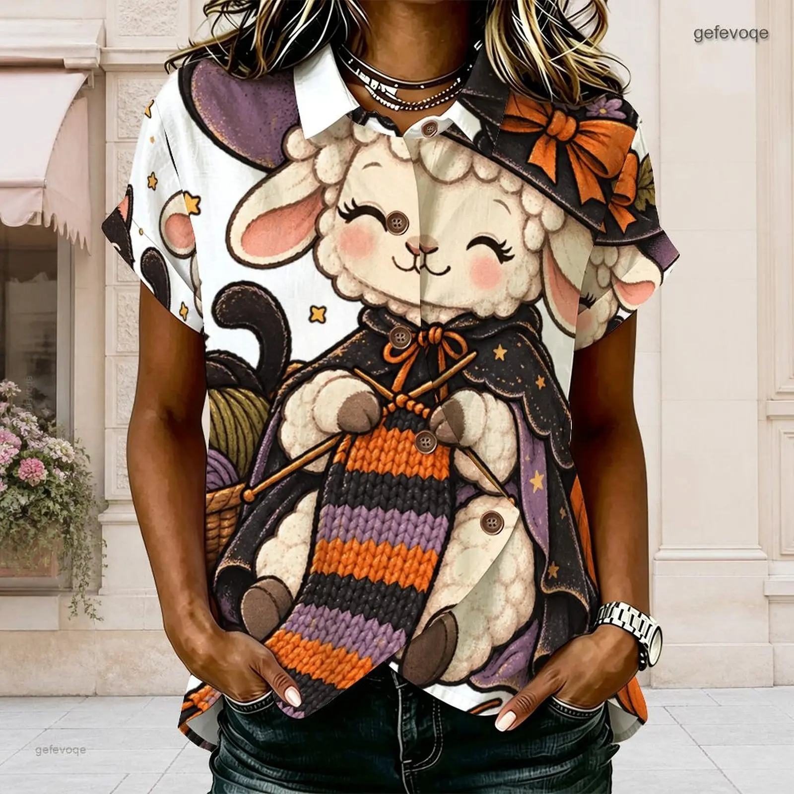 Women Shirt with Print Collared Neck Short Sleeve Button Front Cross Hem