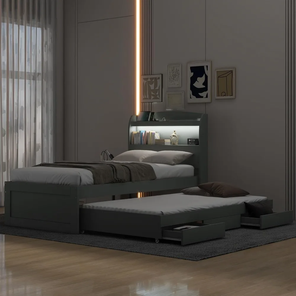 إطار سرير مقاس XL مع لوح رأسي LED للتخزين، ومحطة شحن USB ودرجين، وسرير بمنصة خشبية مع دولاب مزدوج #4