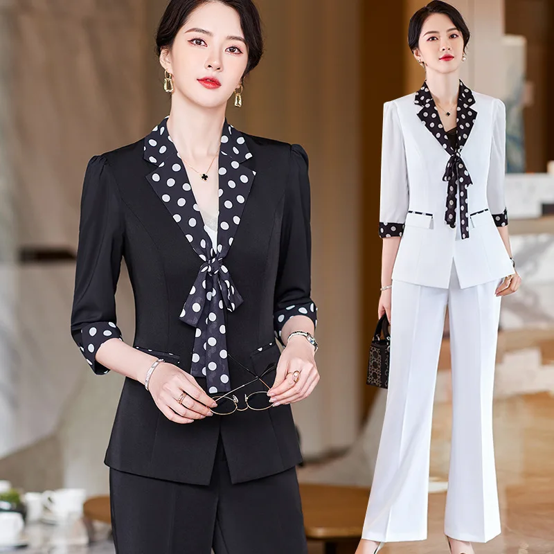 

Летний костюм с черным шелковым шарфом и рукавами три четверти, новый профессиональный элегантный деловой костюм для женщин, подходит для работы в отеле.