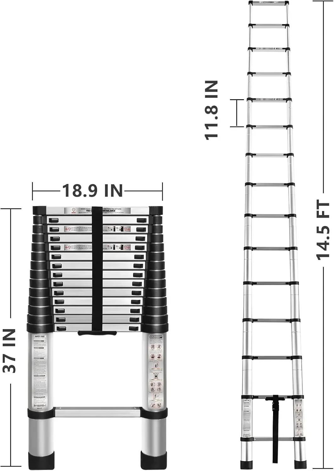 14.5 FT Telescoping Ladder One Button Retraction Aluminum Extension Ladder Collapsible Ladder Suitable for Outdoor or Indoor