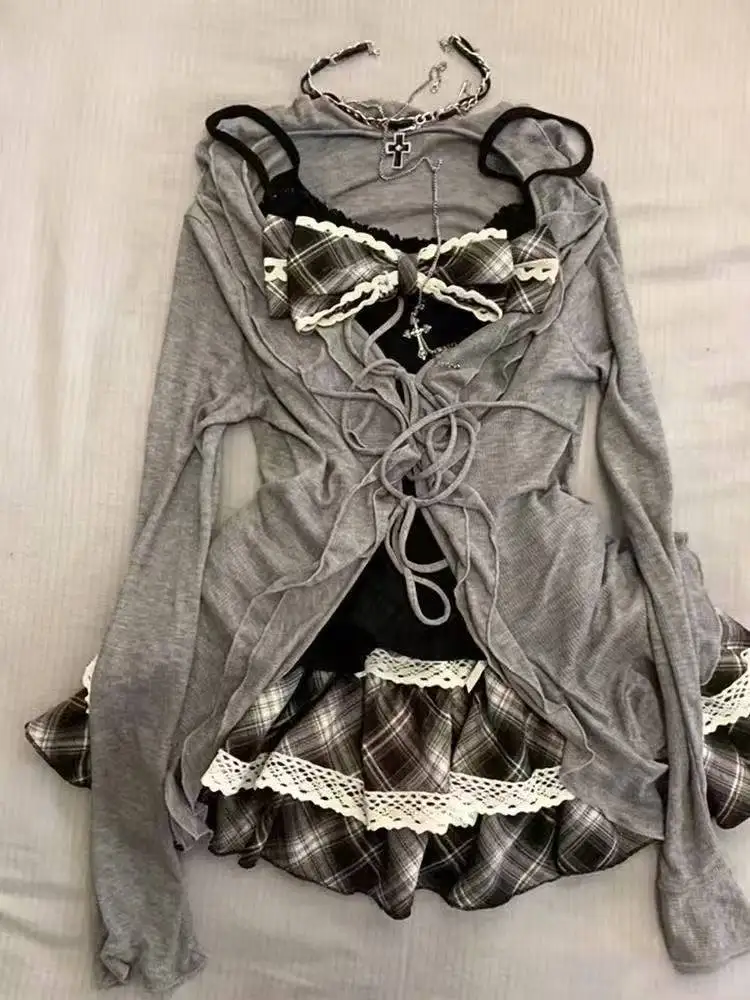 Japanischer Lolita-Stil Süßes 3-Teiliges Set: Lässiger Kurz-Cardigan, Schlanke Weste, Puffrock im Harajuku-Kawaii-Stil für Damen