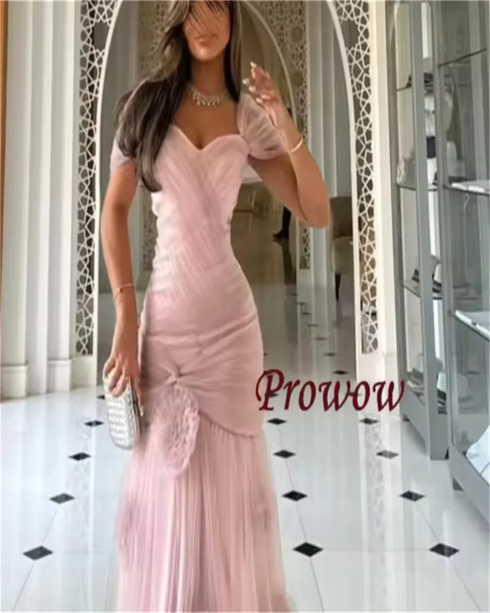 

DY Customized Tulle Mermaid Evening Dress Formal Sweetheart Prom Dress Fashion Short Sleeves Flowers Party Dress