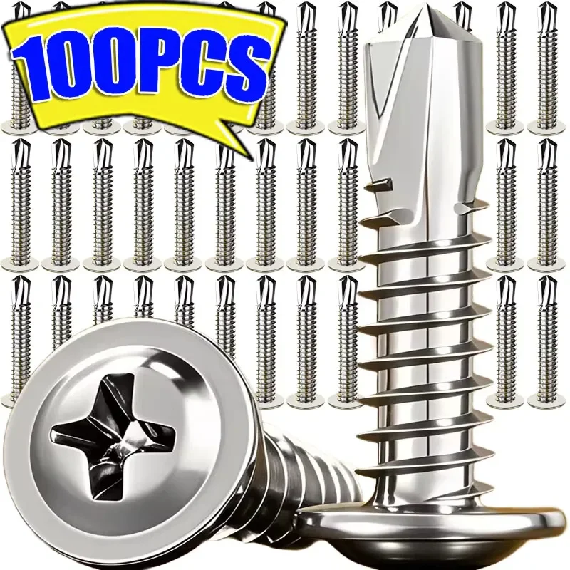 100PCS High-Strength #8 M4.2 Self-Tapping Sheet Metal Screws - 410 Stainless Steel Truss Head, Quick Tapping for Lath To Metal