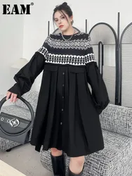 [EAM] Women Black Pattern Knitting Big Size Elegant Dress New Round Neck Long Sleeve Fashion Tide Spring Autumn 2024 1DH7650