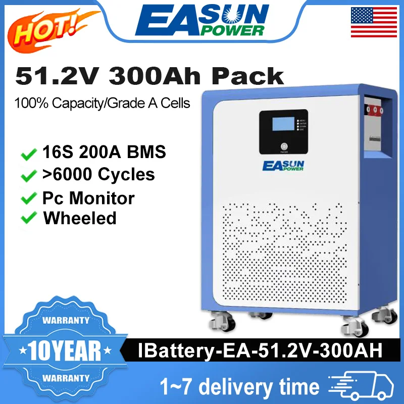 

EASUN POWER 51.2V 300Ah LiFePO4 Battery 15KWh 48V Lithium Battery 6000+ Cycles CAN RS485 With Bluetooth BMS For Solar Inverter