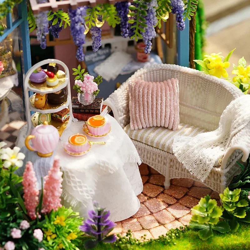 Kit de casa de bonecas de madeira artesanal modelo de construção flor jardim 3d puzzle montagem brinquedo casa de boneca em miniatura com iluminação de móveis