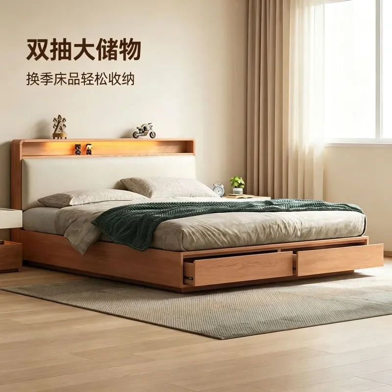 For Full Solid Wood Bed Modern Simple Oak High Box Double Bed with Drawers Storage Log Wind Bedroom Furniture Small Apartment