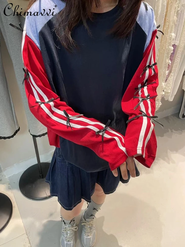 Fashion Round Neck Bowknot Raglan Sleeve Color Matching Loose-Fit Thin Long Sleeve T-shirt Autumn New Sweet Women's Base Shirt