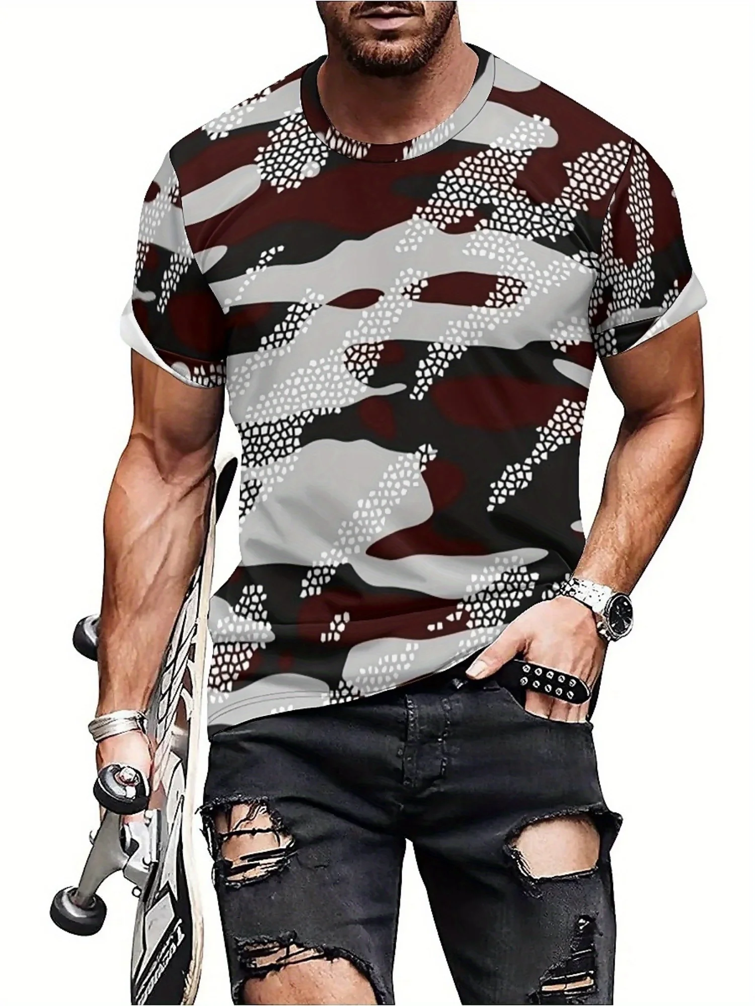 تي شيرت بأكمام قصيرة مموه هندسي مطبوع ثلاثي الأبعاد للرجال والنساء - بوليستر ناعم، مريح لجميع المواسم