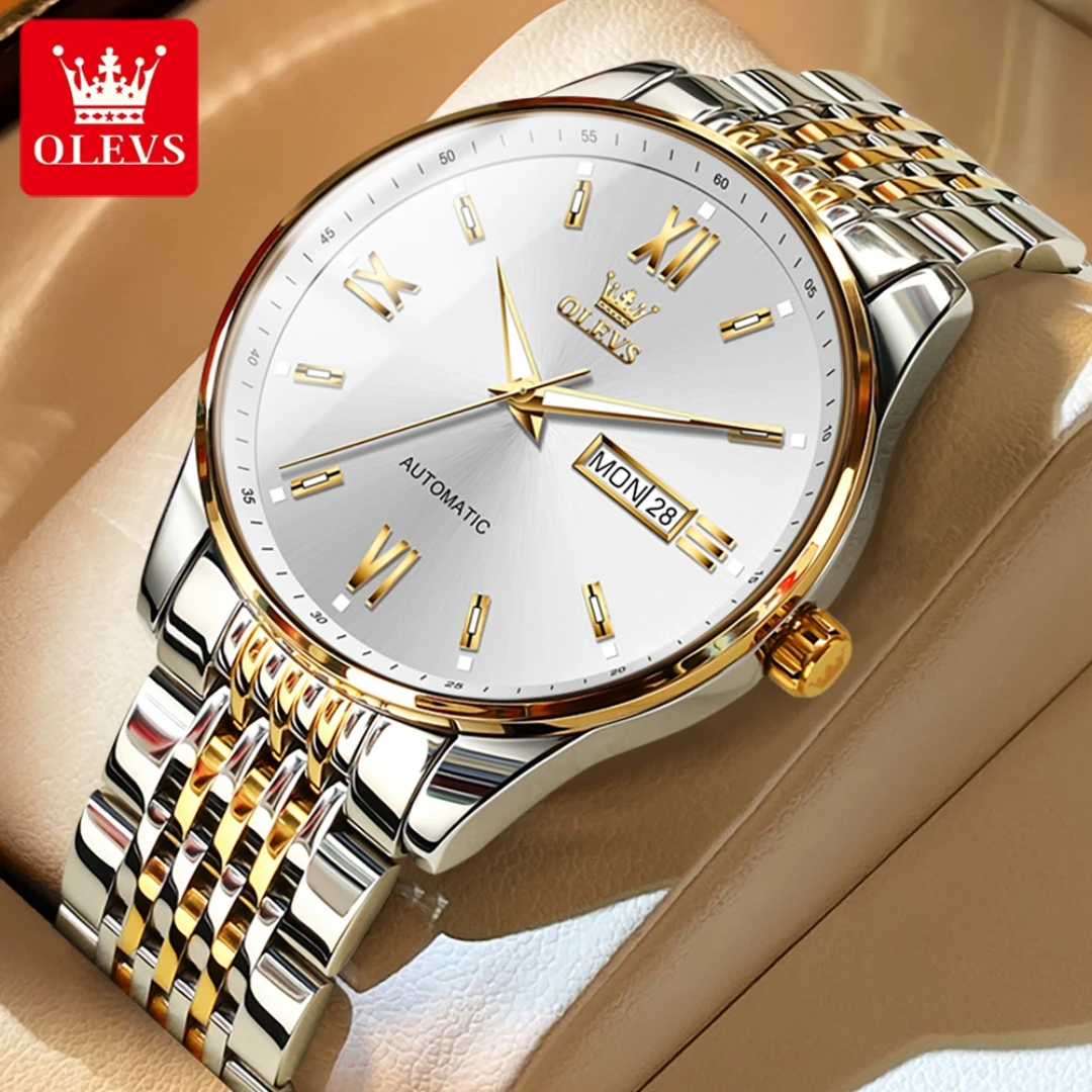 OLEVS 6777 Fashion Mechanical Watch Gift Round-dial Stainless Steel Watchband Week Display Calendar