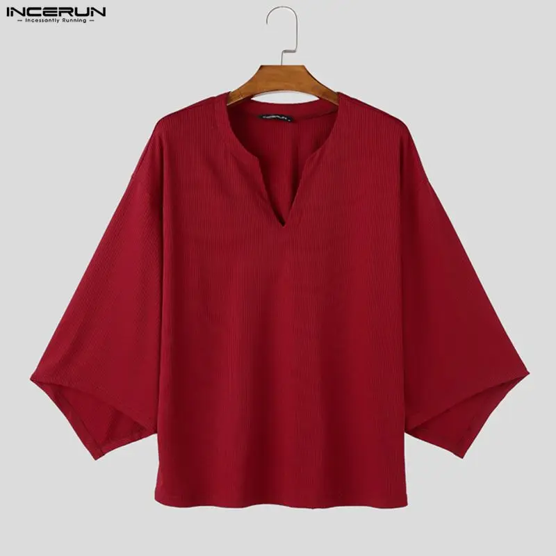 INCERUN Men's T Shirt Solid Loose V Neck Flare 3/4 Sleeve Menswear Clothing Streetwear Fashion Casual Tee Tops For Man Camisetas