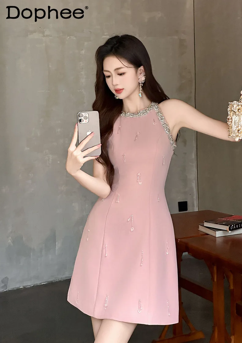 

Fashion Diamond Tassel Waist Slimming A- Line Sleeveless Dress for Women 2024 Summer New Round Collar Pink Mini Dresses Female