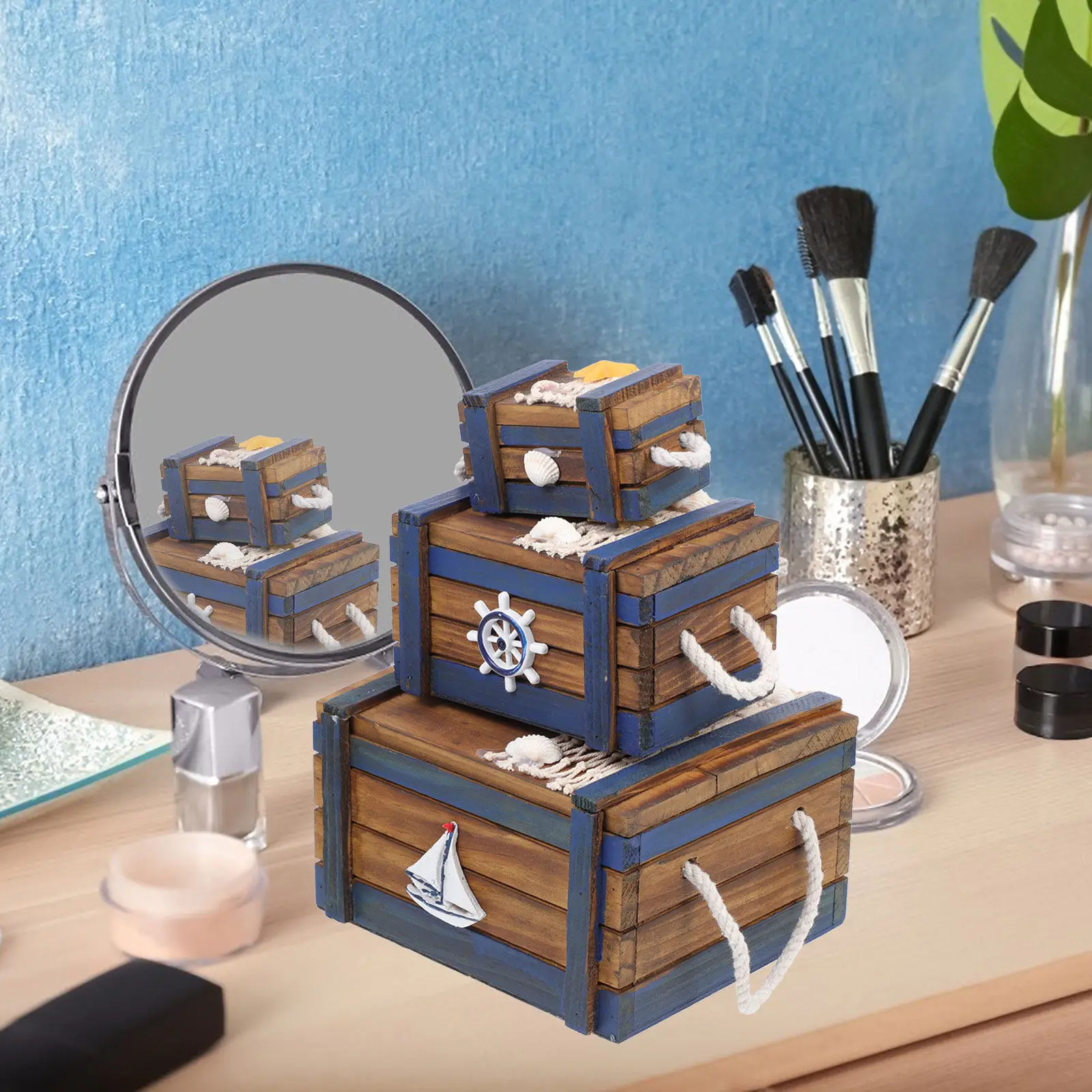 

3Pcs Wooden Jewelry Box Mediterranean Style Storage Container for Ring Necklace Organizer Desktop Decor Vintage