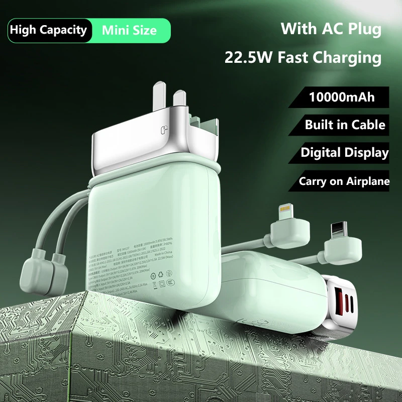 

Портативный PowerBank Встроенный кабель USB C Разъем переменного тока 10000 мАч PD 22,5 Вт Блок питания для быстрой зарядки для iPhone 16 15 14 Зарядное устройство Samsung