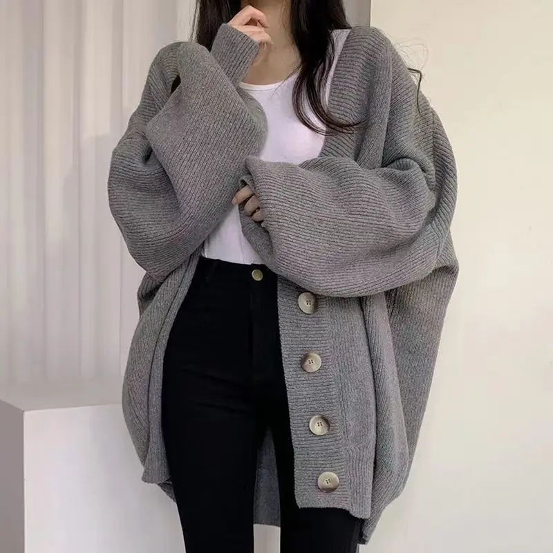 Women 2023 New Knitted Cardigan Sweater Plus-size Fall/winter Casual Slouchy V-neck Single-breasted Loose Balloon Sleeve Coat